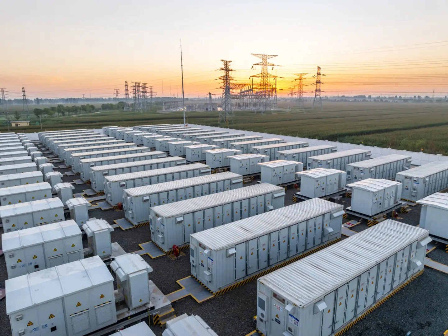 Industrial battery storage units at sunrise.
