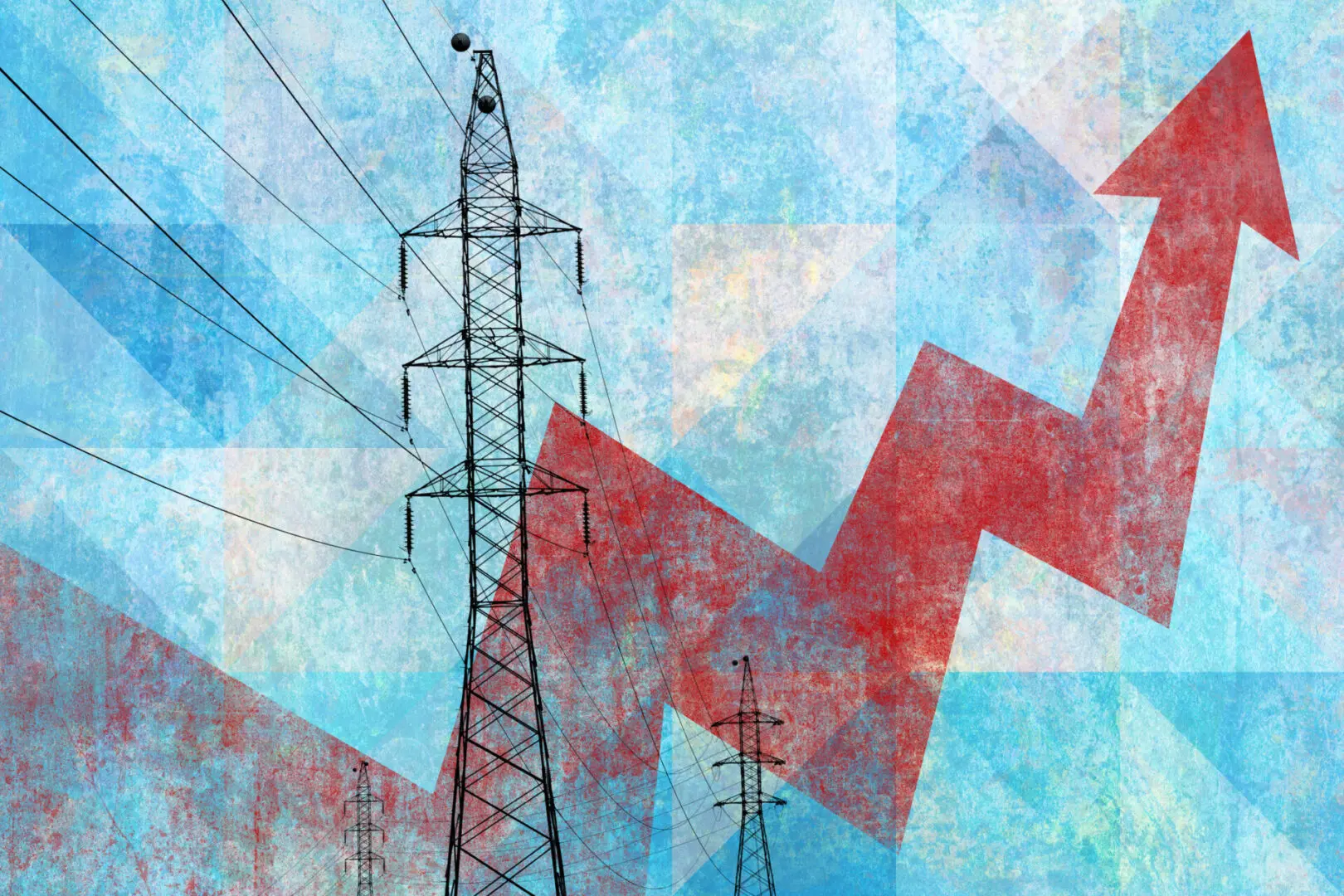 Electricity towers with upward red arrow.