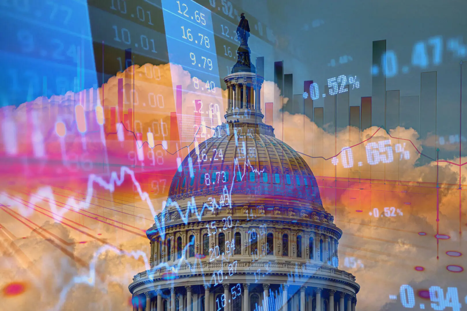 U.S. Capitol dome with stock market overlay.