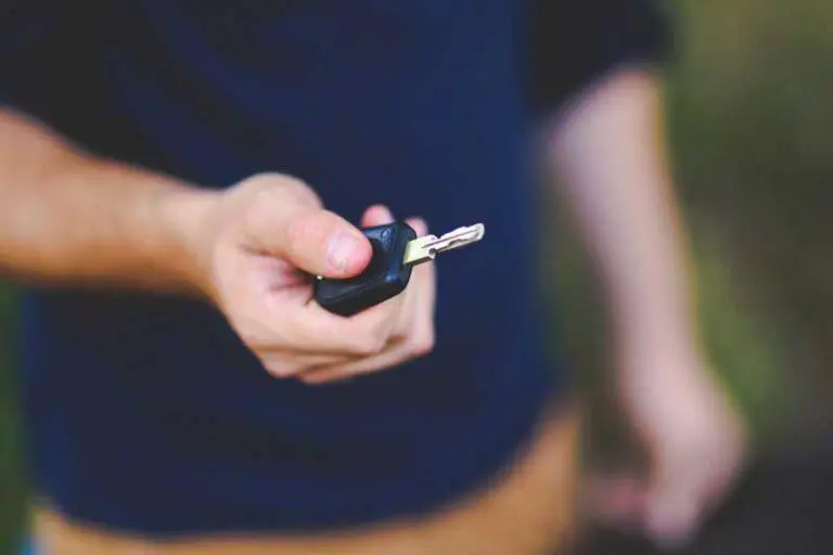 Hand holding a car key remote.