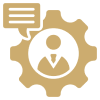 Person in gear icon with speech bubble.