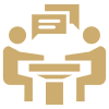 Two figures talking at a table icon.