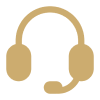 Gold headset icon on black background.