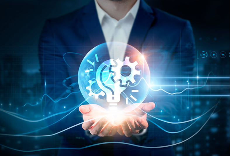 Businessman holding digital innovation concept hologram.