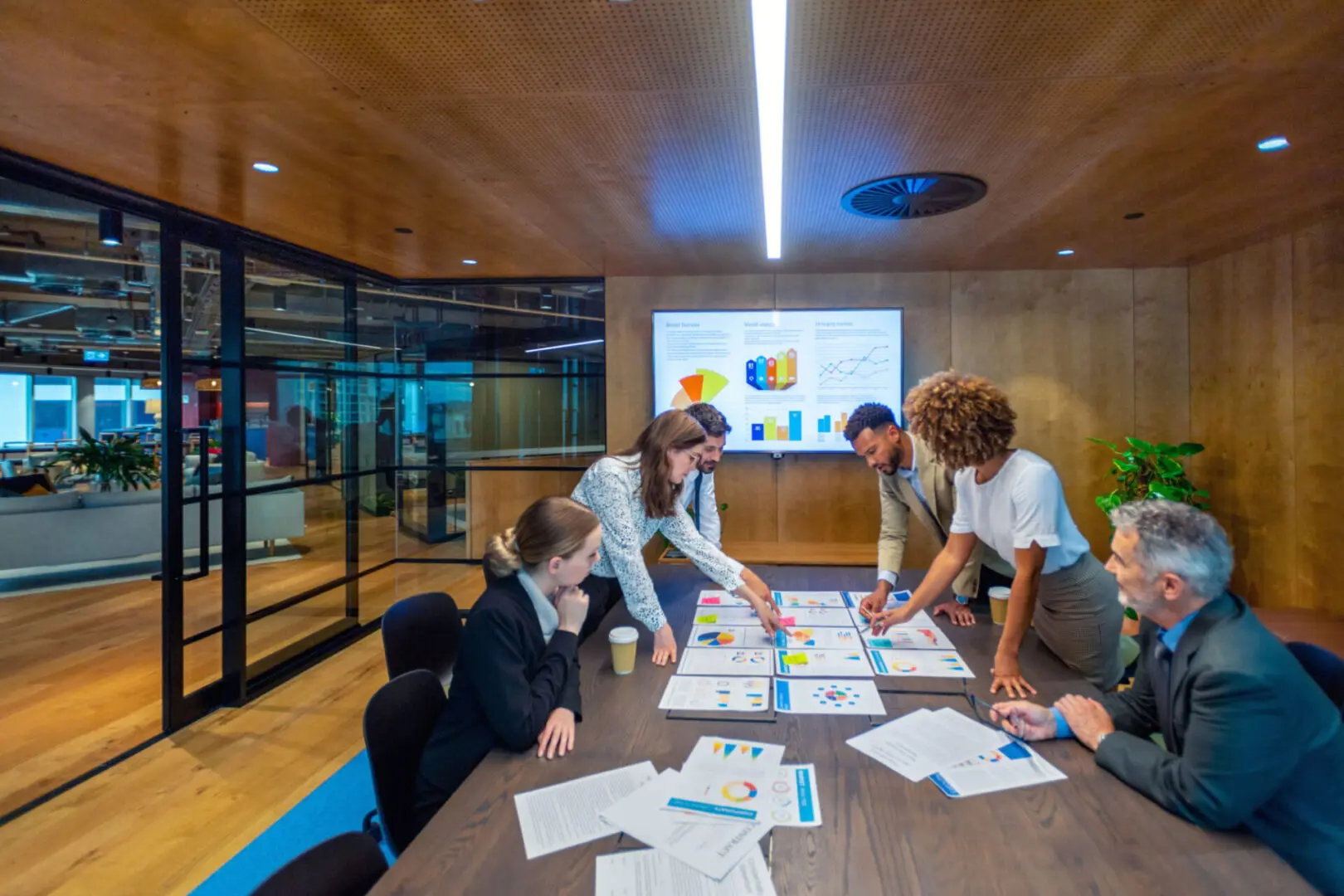 People collaborating in a modern conference room.
