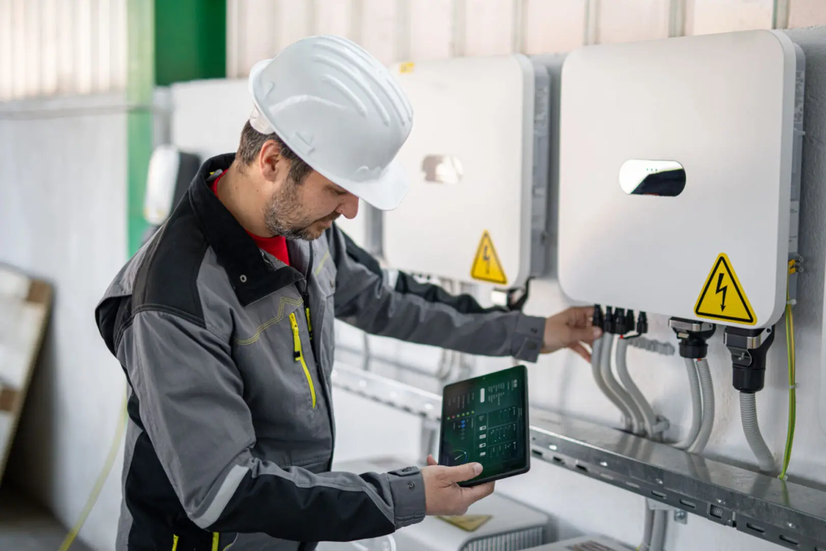 Technician inspecting electrical equipment with tablet.