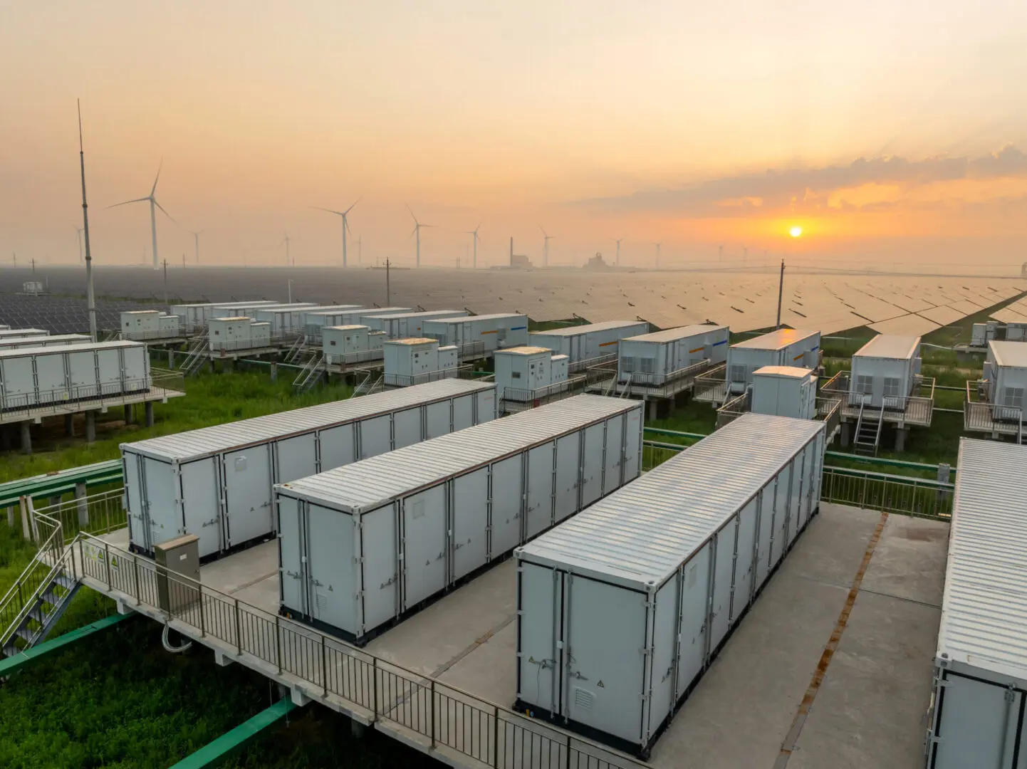 Solar farm with storage containers at sunset.